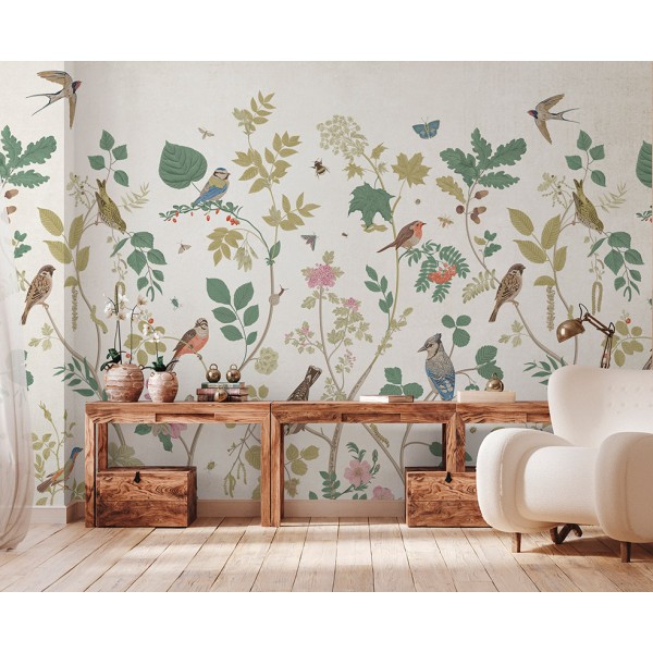mural floral con pájaros chinoiserie