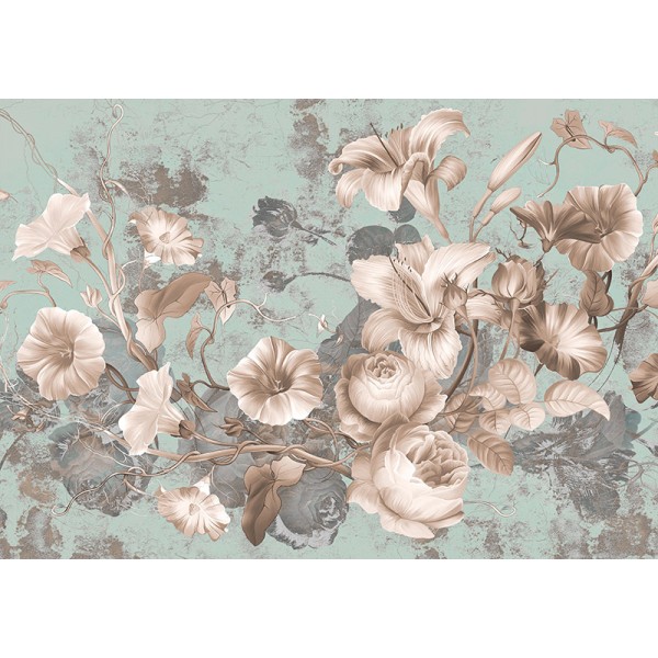 mural com flores vintage fundo azul