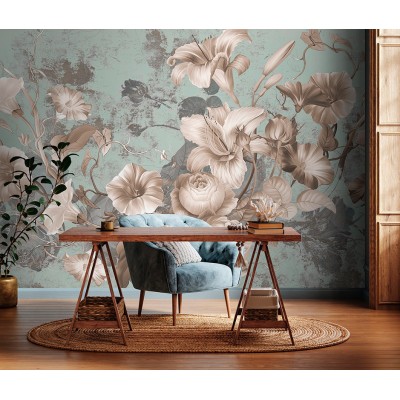 mural amb flors vintage fons blau