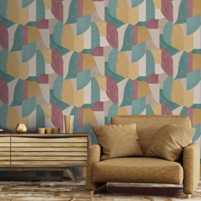 paper pintat geomètric color ocre, verd i granate 2