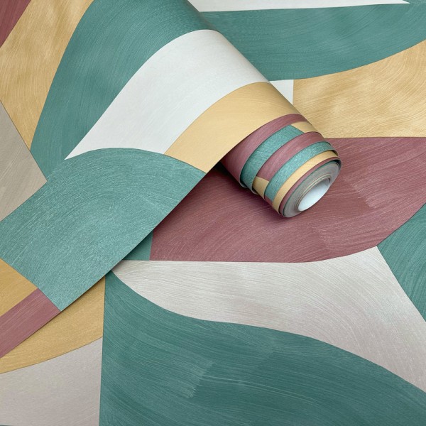 papel pintado geométrico color ocre, verde y granate