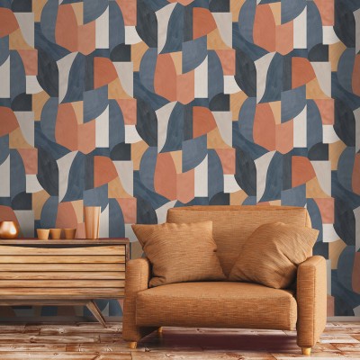 papel de parede geométrico cor azul e laranja 2