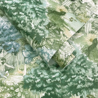paper pintat amb paisatge forestal verd amb criatures mitològiques