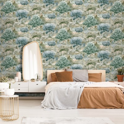 papel pintado con paisaje forestal verde con criaturas mitológicas