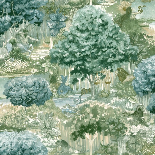 papel de parede com paisagem de floresta verde com criaturas mitológicas