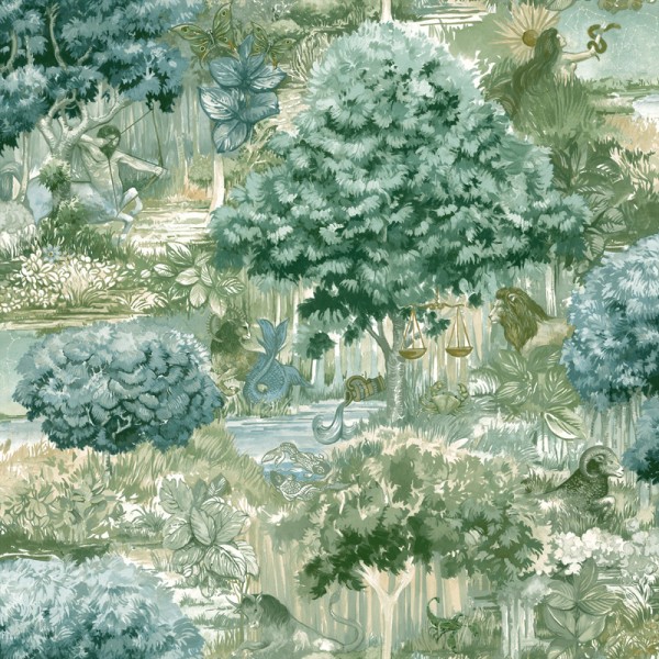 paper pintat amb paisatge forestal verd amb criatures mitològiques