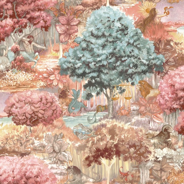 papel pintado con paisaje forestal rosa con criaturas mitológicas