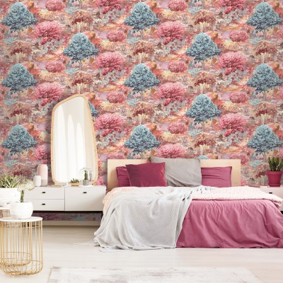 papel pintado con paisaje forestal rosa con criaturas mitológicas 2