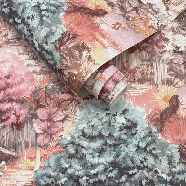 papel pintado con paisaje forestal rosa con criaturas mitológicas