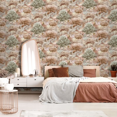 papel pintado con paisaje forestal naranja con criaturas mitológicas 2