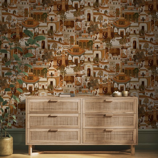 papel de parede cidade marroquina cor laranja