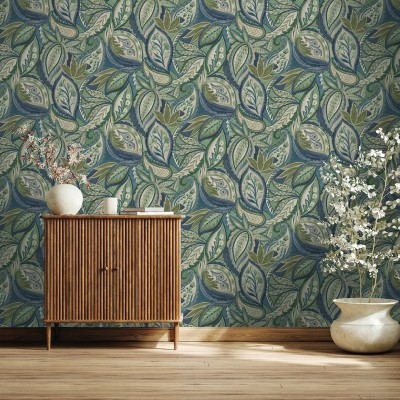 papel de parede folhas de cachemir cor azul