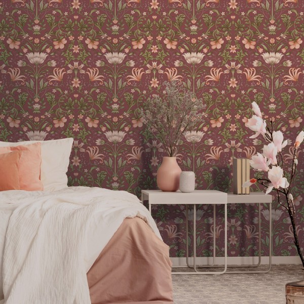 Papel pintado con flores clásicas ornamentales fondo granate