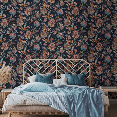 papel de parede com flores paisley fundo azul marinho papel de parede com flores paisley fundo azul marinho