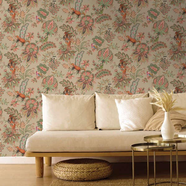 papel pintado animales con flores estilo paisley color beige