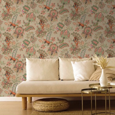 papel pintado animales con flores estilo paisley color beige