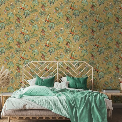 paper pintat amb animals i flors estil paisley color ocre 2