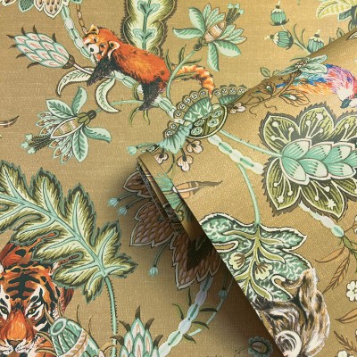 papel pintado animales y flores estilo paisley color ocre
