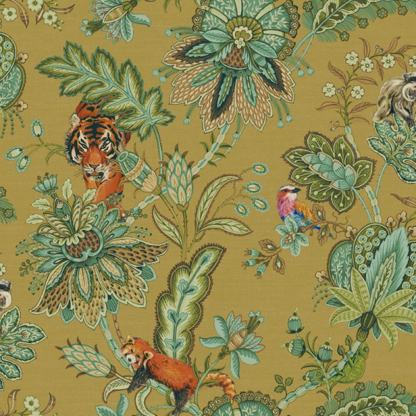 papel de parede animais e flores estilo paisley cor ocre