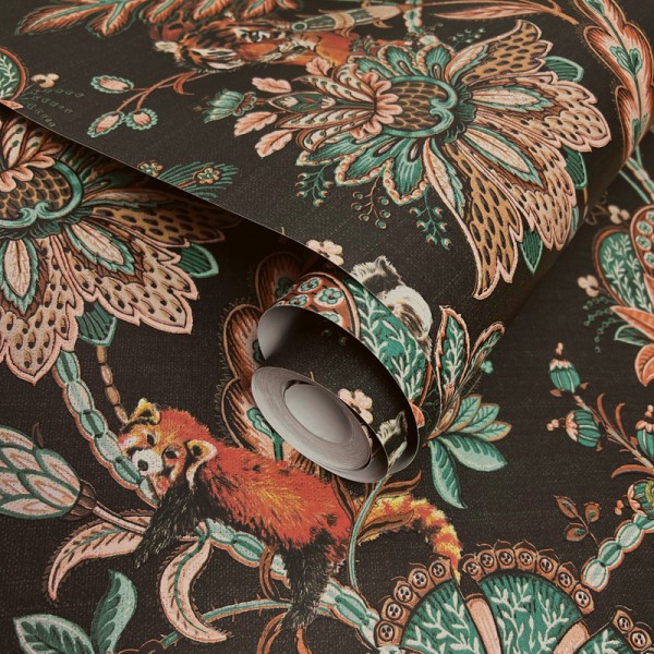papel de parede animais e flores estilo paisley cor preto