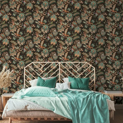papel de parede animais e flores estilo paisley cor preto