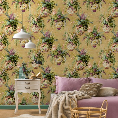 papel pintado jarrones con flores fondo ocre 2