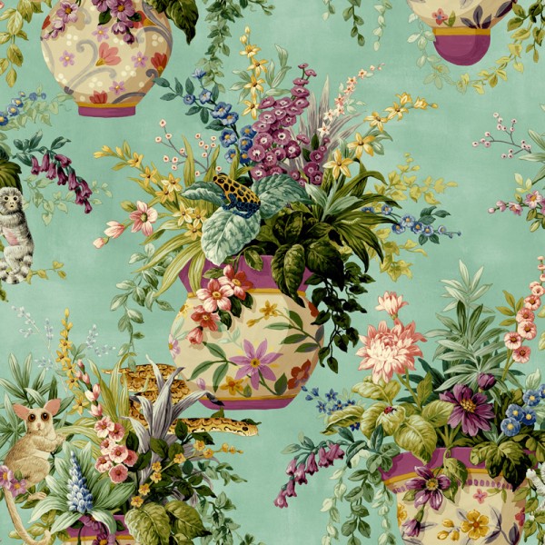 papel de parede vasos com flores fundo turquesa