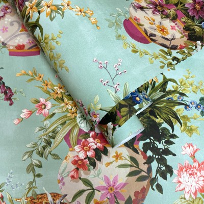 papel pintado jarrones con flores fondo turquesa