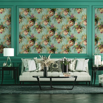 papel pintado jarrones con flores fondo turquesa