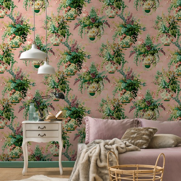 papel pintado jarrones con flores fondo rosa