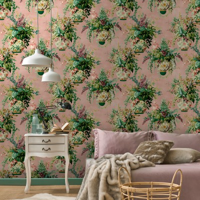 papel pintado jarrones con flores fondo rosa