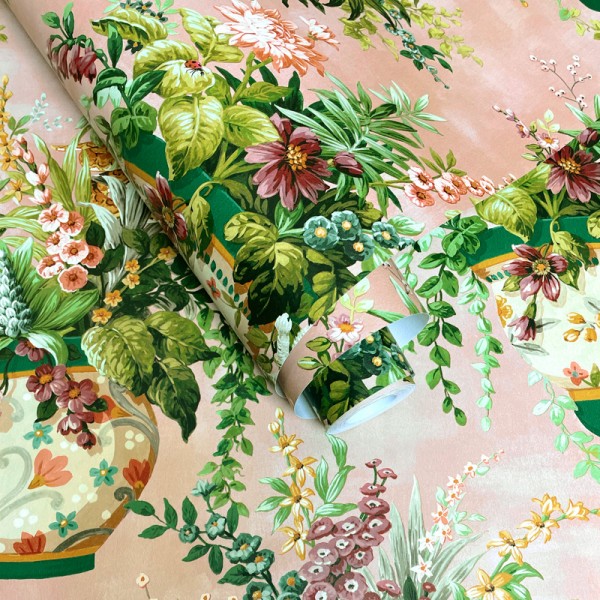 papel pintado jarrones con flores fondo rosa