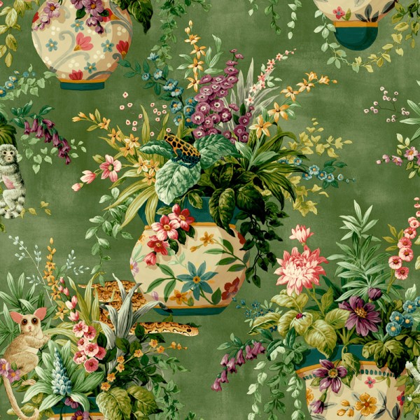 papel pintado jarrones con flores fondo verde