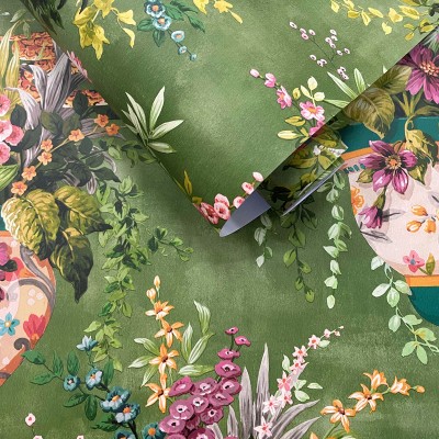 papel pintado jarrones con flores fondo verde 2