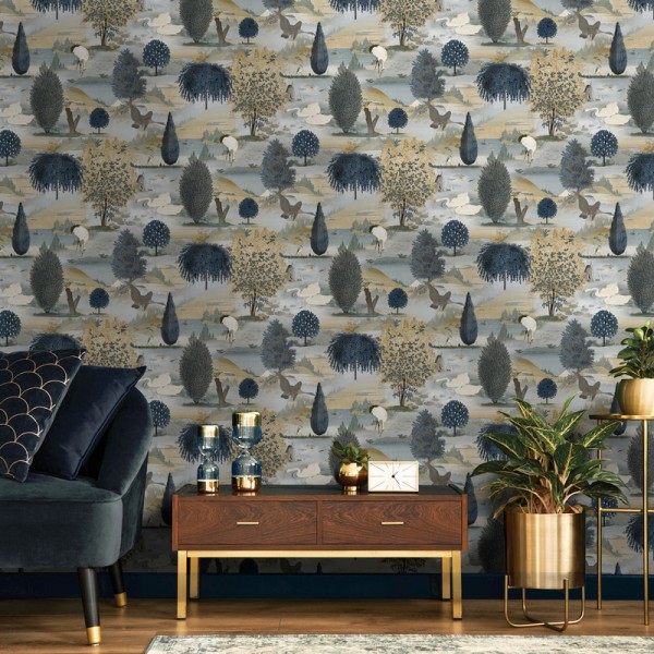 papel de parede cisnes cor azul e ocre papel de parede cisnes cor azul e ocre