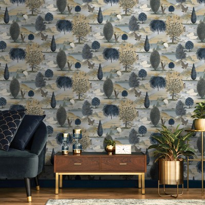 papel de parede cisnes cor azul e ocre papel de parede cisnes cor azul e ocre