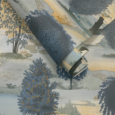 papel de parede cisnes cor azul e ocre papel de parede cisnes cor azul e ocre