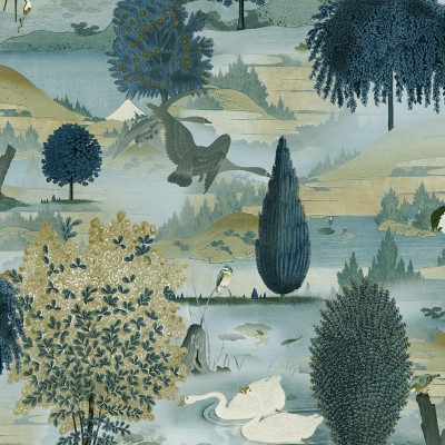 papel pintado cisnes color azul y ocre papel pintado cisnes color azul y ocre