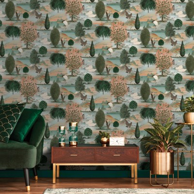 papel pintado con cisnes color naranja y verde