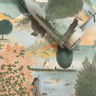 papel pintado con cisnes color naranja y verde