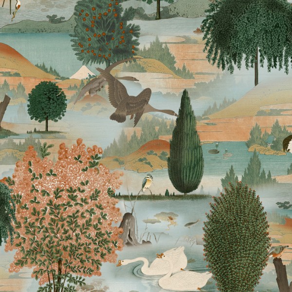 papel de parede com cisnes cor laranja e verde