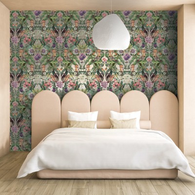 papel pintado pájaros con flores fondo dorado