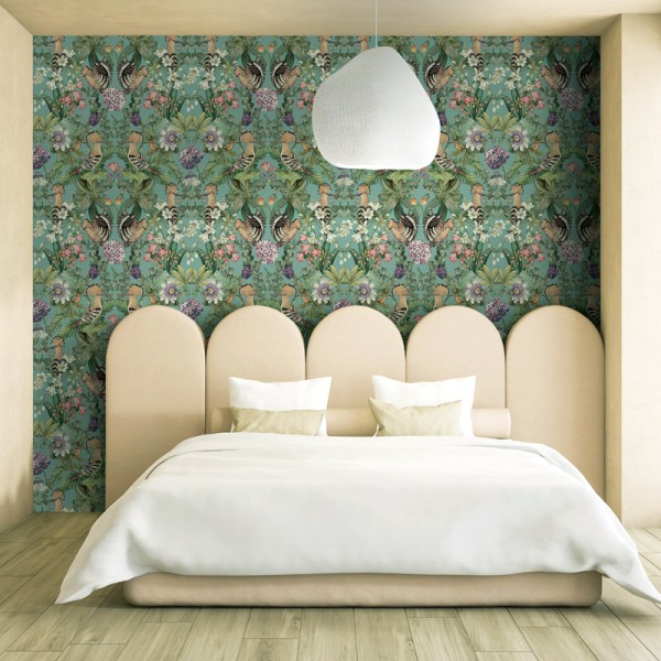 papel pintado pájaros con flores fondo turquesa