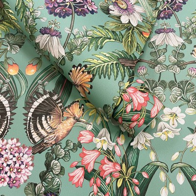 papel pintado pájaros con flores fondo turquesa