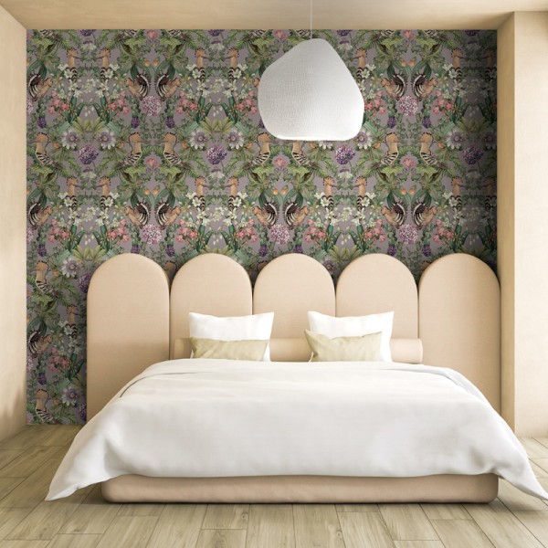 papel de parede pássaros com flores fundo lila