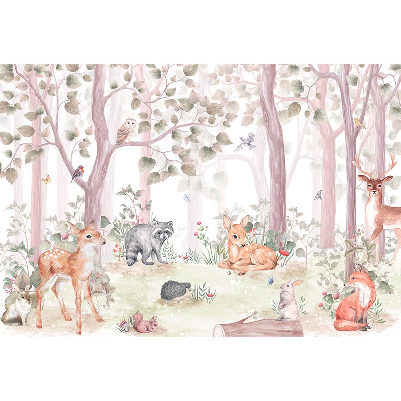 Mural Infantil Bosque Primaveral, paisaje con animales del bosque entre los  árboles, papel pintado para paredes infantiles ANIM5