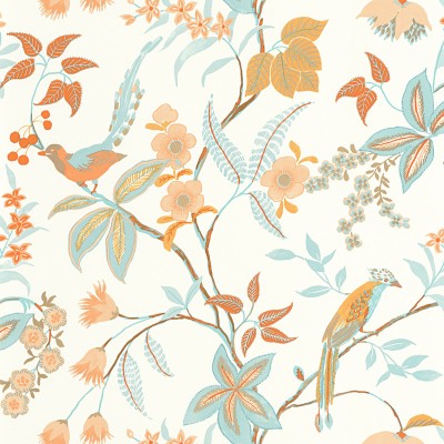 Papel pintado BOTÁNICO CON PÁJAROS TURQUESA Y OCRE