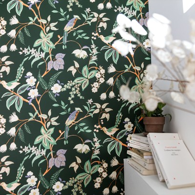 Papel de parede BOTÂNICO COM PÁSSAROS VERDE 2