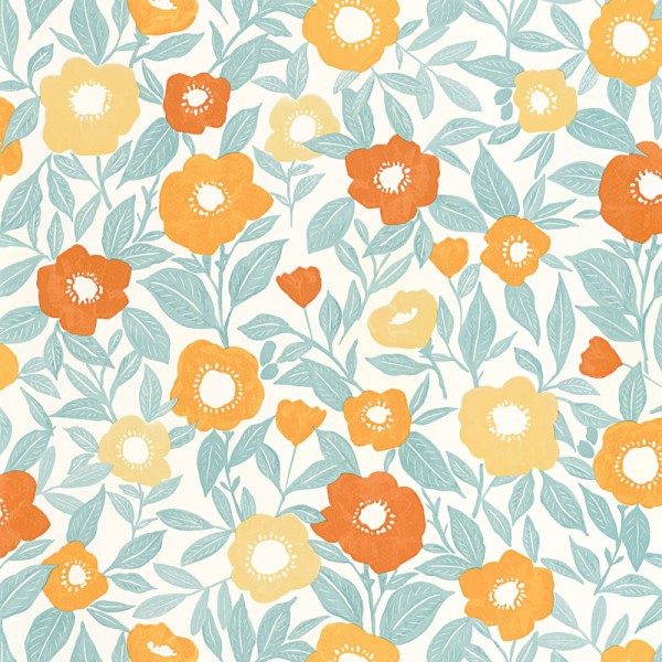 Papel pintado FLORES RETRO TURQUESA Y NARANJA