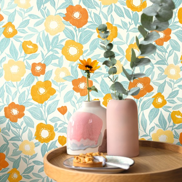 Paper pintat FLORS RETRO TURQUESA I TARONJA